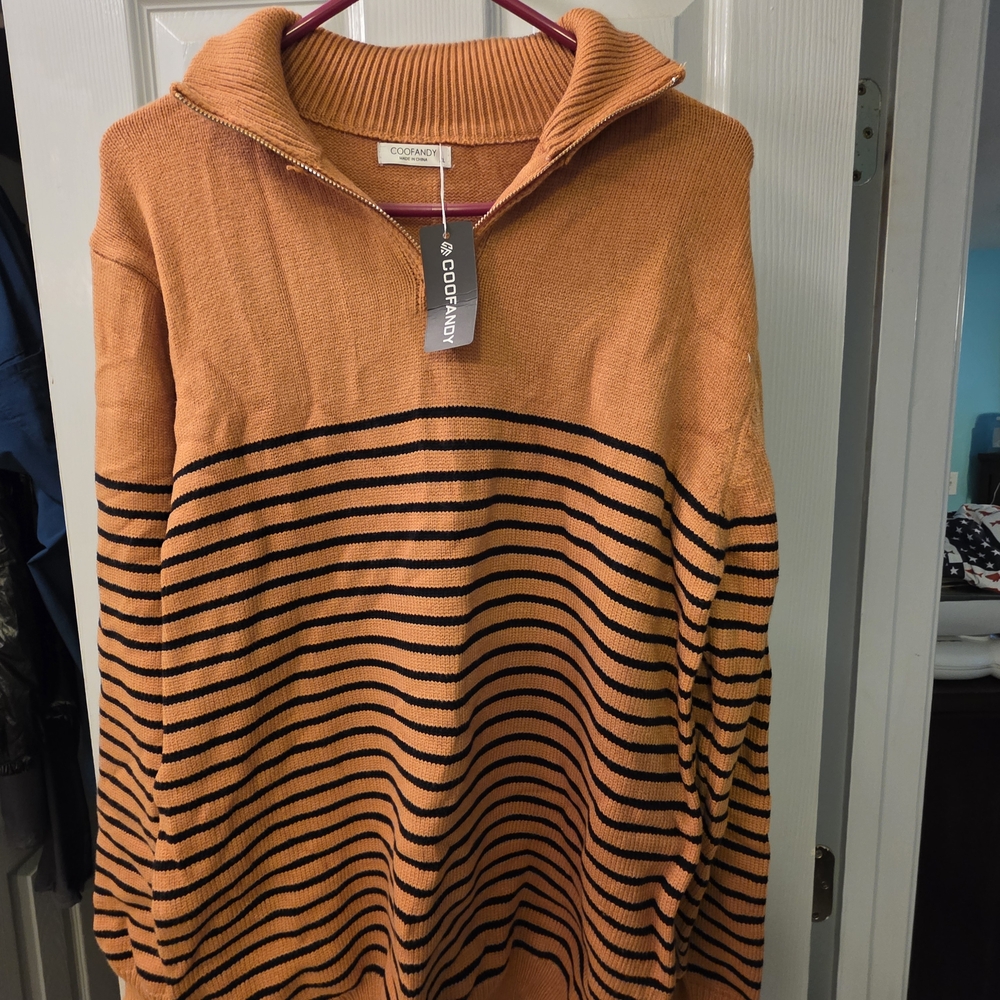 Men's COOFANDY Orange and Black Striped Sweater Large